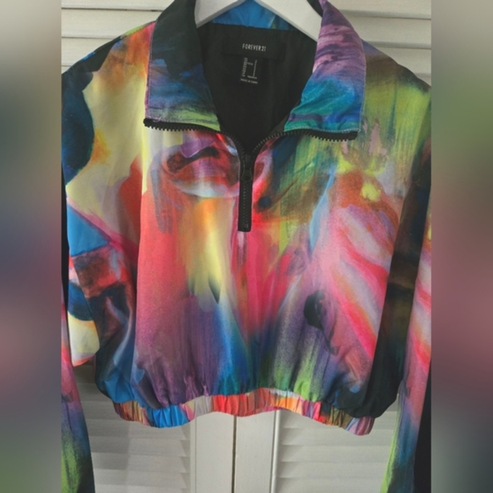 Forever 21 Abstract Print Cropped Quarter Zip Windbreaker Jacket S - Picture 3 of 8